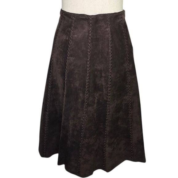 Liz Claiborne Brown Suede A-Line Maxi Skirt Size 6 Cross Stitch Detail - Picture 1 of 10